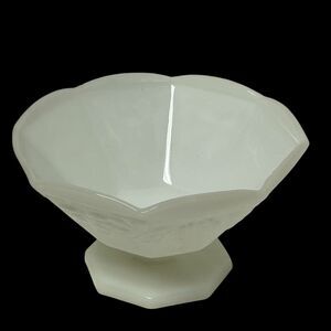 Vintage White Milk Glass Pedestal Footed Fruit Bowl Grape Vine & Leaf Pattern